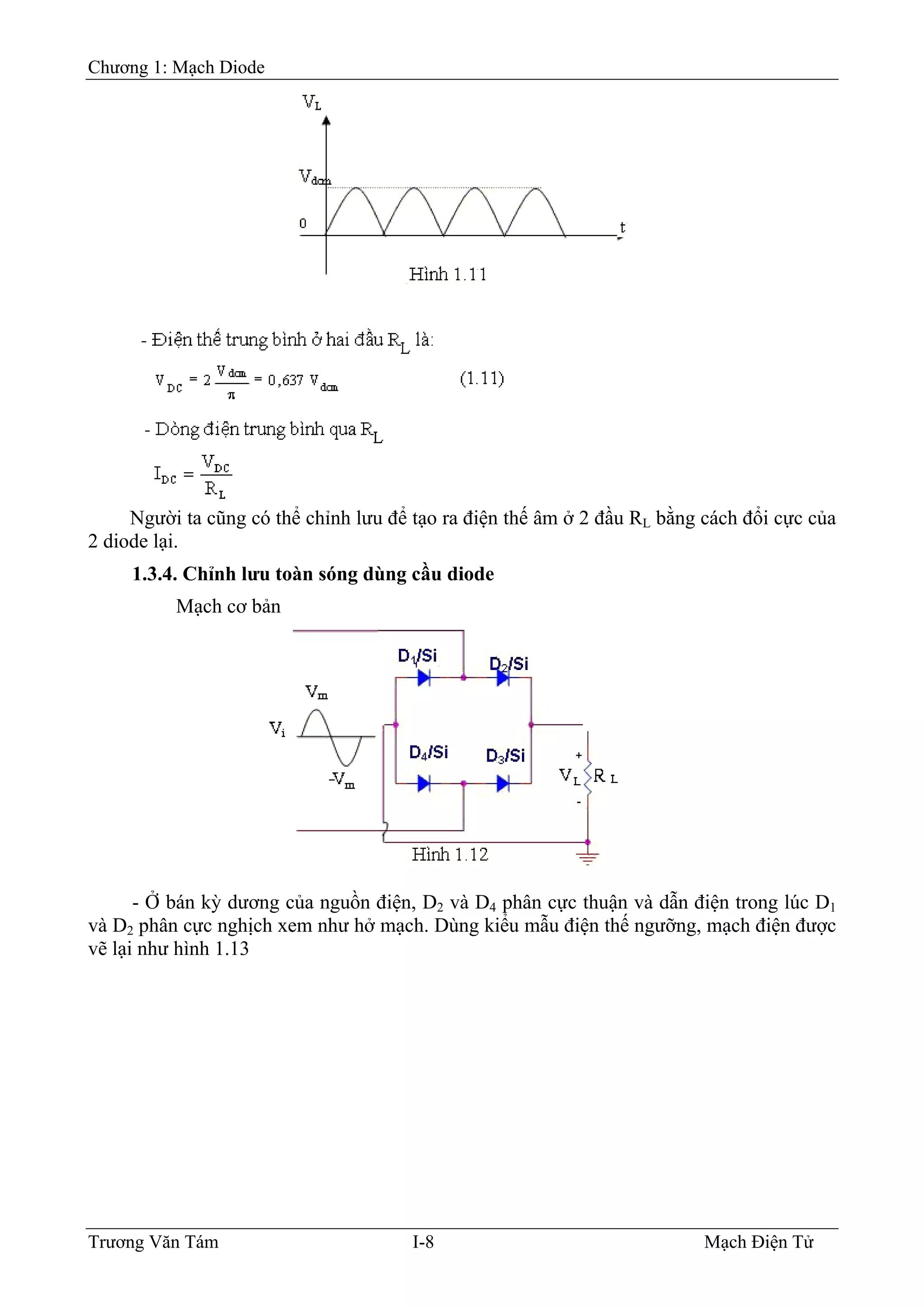 Chương 1: Mạch Diode
Người ta cũng có thể chỉnh lưu để tạo ra điện thế âm ở 2 đầu RL bằng cách đổi cực của
2 diode lại.
1.3.4. Chỉnh lưu toàn sóng dùng cầu diode
Mạch cơ bản
- Ở bán kỳ dương của nguồn điện, D2 và D4 phân cực thuận và dẫn điện trong lúc D1
và D2 phân cực nghịch xem như hở mạch. Dùng kiểu mẫu điện thế ngưỡng, mạch điện được
vẽ lại như hình 1.13
Trương Văn Tám I-8 Mạch Điện Tử
 