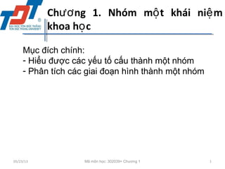 Ch ng 1. Nhóm m t khái ni mươ ộ ệ
khoa h cọ
Mục đích chính:
- Hiểu được các yếu tố cấu thành một nhóm
- Phân tích các giai đoạn hình thành một nhóm
05/23/13 1Mã môn học: 302039+ Chương 1
 