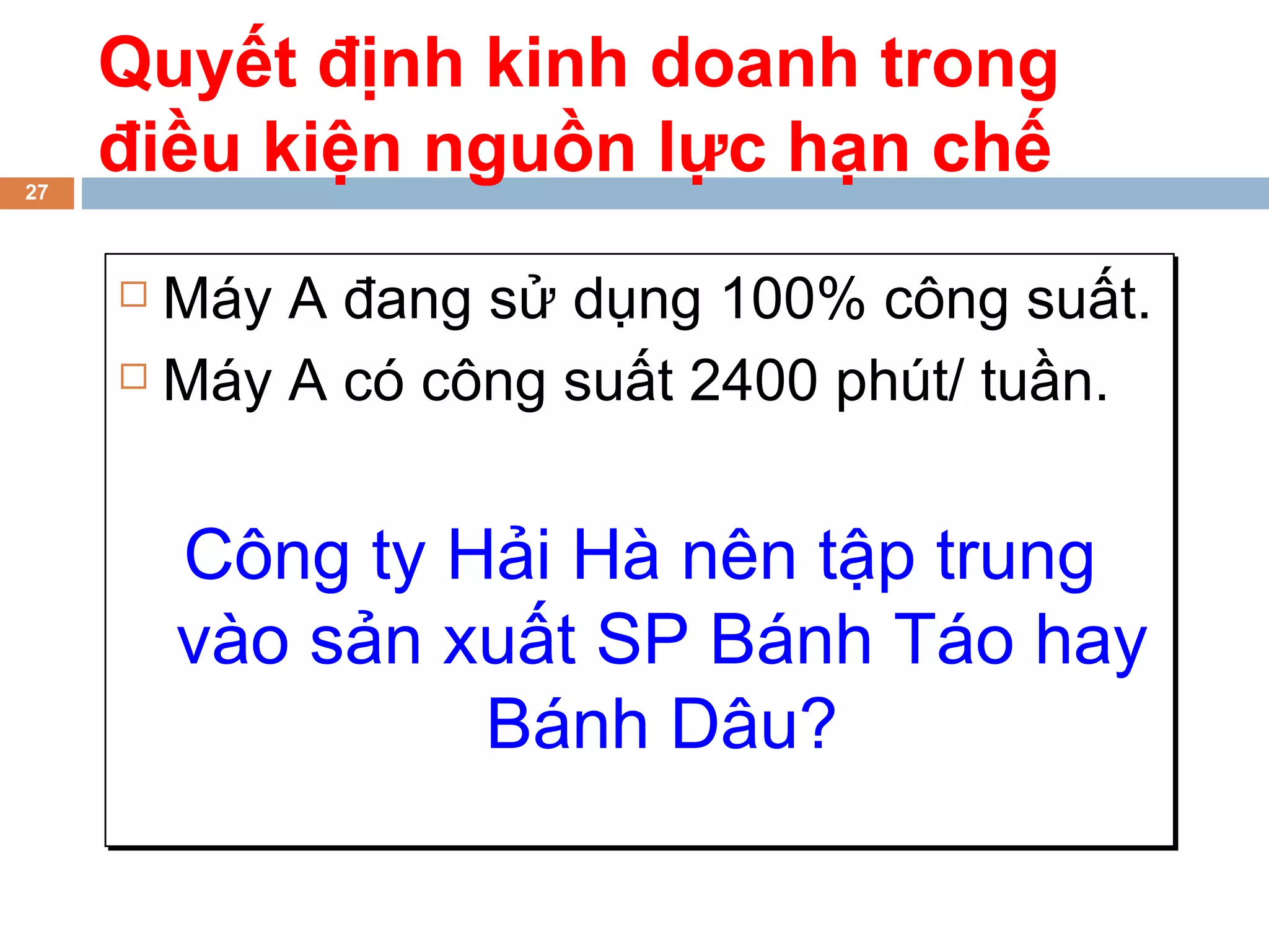 Quyết định kinh doanh trong
27
     điều kiện nguồn lực hạn chế
      Máy A đang sử dụng 100% công suất.
      Máy A có công suất 2400 phút/ tuần.




         Công ty Hải Hà nên tập trung
         vào sản xuất SP Bánh Táo hay
                  Bánh Dâu?
 