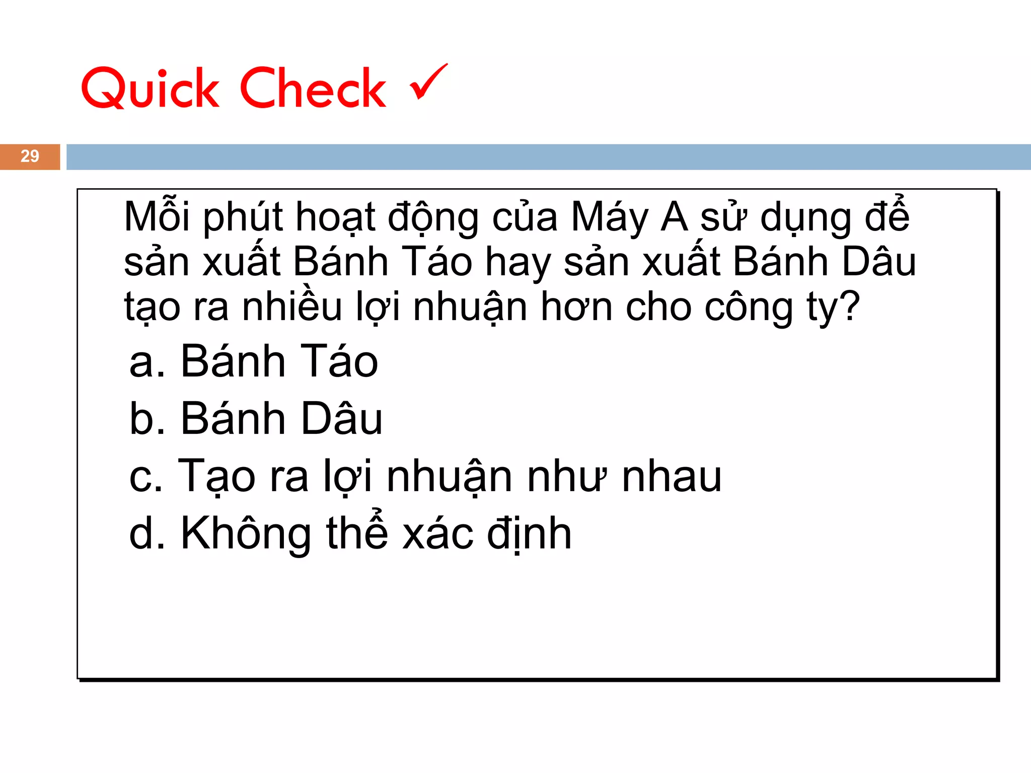 Quick Check 
29


      Mỗi phút hoạt động của Máy A sử dụng để
      sản xuất Bánh Táo hay sản xuất Bánh Dâu
      tạo ra nhiều lợi nhuận hơn cho công ty?
      a. Bánh Táo
      b. Bánh Dâu
      c. Tạo ra lợi nhuận như nhau
      d. Không thể xác định
 