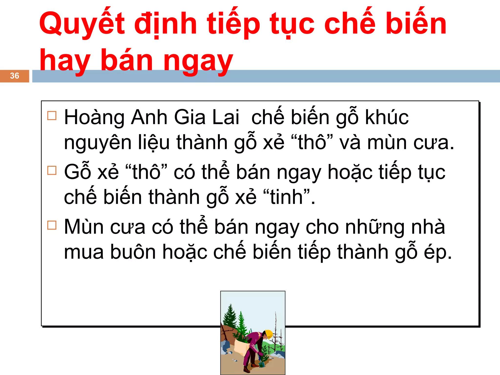 Quyết định tiếp tục chế biến
36
     hay bán ngay
        Hoàng Anh Gia Lai chế biến gỗ khúc
         nguyên liệu thành gỗ xẻ “thô” và mùn cưa.
        Gỗ xẻ “thô” có thể bán ngay hoặc tiếp tục
         chế biến thành gỗ xẻ “tinh”.
        Mùn cưa có thể bán ngay cho những nhà
         mua buôn hoặc chế biến tiếp thành gỗ ép.
 