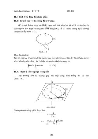 dưới dạng vi phân: div = 0 (11-19)B
11.4 Định lý về dòng điện toàn phần
11.4.1 Lưu số của véc tơ cường độ từ trường
ld(C) là một đường cong kín bất kỳ trong một từ trường bất kỳ, là véc tơ chuyển
dời ứng với một đoạn vô cùng nhỏ Hthuộc (C),'MM là véc tơ cường độ từ trường
thuộc đoạn ấy (hình 11-5).
+
(C)
H
ld
M M'α
Hình 11-5
Theo định nghĩa:
Lưu số của véc tơ cường độ từ trường dọc theo đường cong kín (C) là một đại lượng
về trị số bằng tích phân của ldH dọc theo toàn bộ đường cong đó:
osαHdlcldH
(C)(C)
∫∫ = (11-20)
11.4.2 Định lý về dòng điện toàn phần
Xét trường hợp từ trường gây bởi một dòng điện thẳng dài vô hạn
(hình11-6).
Cường độ từ trường tại M được tính:
I
H
2 rπ
=
=> ∫∫ =
(C)(C)
r
dlcosα
2π
I
ldH
o
ldM
α
H
(C)
I
r
P
Hình 11-6
127
 