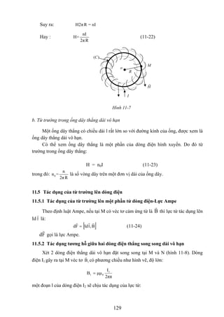 Suy ra: H2π R = nI
nI
H=
2π R
Hay : (11-22)
)(C
M
o
R
H
I
Hình 11-7
b. Từ trường trong ống dây thẳng dài vô hạn
Một ống dây thẳng có chiều dài l rất lớn so với đường kính của ống, được xem là
ống dây thẳng dài vô hạn.
Có thể xem ống dây thẳng là một phần của dòng điện hình xuyến. Do đó từ
trường trong ống dây thẳng:
H = n0I (11-23)
0
n
n =
2πR
trong đó: là số vòng dây trên một đơn vị dài của ống dây.
11.5 Tác dụng của từ trường lên dòng điện
11.5.1 Tác dụng của từ trường lên một phần tử dòng điện-Lực Ampe
BTheo định luật Ampe, nếu tại M có véc tơ cảm ứng từ là thì lực từ tác dụng lên
Id là:l
[ ]B,lIdFd = (11-24)
Fd gọi là lực Ampe.
11.5.2 Tác dụng tương hỗ giữa hai dòng điện thẳng song song dài vô hạn
Xét 2 dòng điện thẳng dài vô hạn đặt song song tại M và N (hình 11-8). Dòng
điện I 1Bgây ra tại M véc tơ có phương chiều như hình vẽ, độ lớn:1
2ππ
I
μμB 1
01 =
một đoạn l của dòng điện I2 sẽ chịu tác dụng của lực từ:
129
 