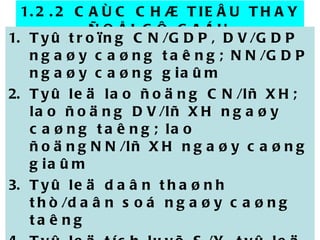 1.2.2 CAÙC CHÆ TIEÂU THAY ÑOÅI CÔ CAÁU Tyû troïng CN/GDP, DV/GDP ngaøy caøng taêng; NN/GDP ngaøy caøng giaûm Tyû leä lao ñoäng CN/lñ XH; lao ñoäng DV/lñ XH ngaøy caøng taêng; lao ñoängNN/lñ XH ngaøy caøng giaûm Tyû leä daân thaønh thò/daân soá ngaøy caøng taêng Tyû leä tích luyõ S/Y, tyû leä ñaàu tö I/Y ngaøy caøng taêng Tyû troïng xuaát khaåu roøng (X-M) trong GDP ngaøy caøng taêng. 