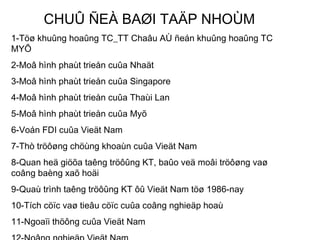 CHUÛ ÑEÀ BAØI TAÄP NHOÙM 1-Töø khuûng hoaûng TC_TT Chaâu AÙ ñeán khuûng hoaûng TC MYÕ 2-Moâ hình phaùt trieån cuûa Nhaät  3-Moâ hình phaùt trieån cuûa Singapore 4-Moâ hình phaùt trieån cuûa Thaùi Lan 5-Moâ hình phaùt trieån cuûa Myõ 6-Voán FDI cuûa Vieät Nam 7-Thò tröôøng chöùng khoaùn cuûa Vieät Nam 8-Quan heä giöõa taêng tröôûng KT, baûo veä moâi tröôøng vaø coâng baèng xaõ hoäi 9-Quaù trình taêng tröôûng KT ôû Vieät Nam töø 1986-nay 10-Tích cöïc vaø tieâu cöïc cuûa coâng nghieäp hoaù 11-Ngoaïi thöông cuûa Vieät Nam 12-Noâng nghieäp Vieät Nam 