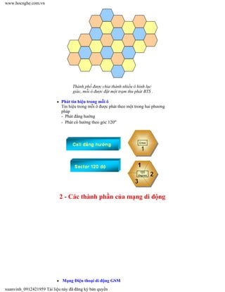 2 - Các thành phần của mạng di động
Thành phố được chia thành nhiều ô hình lục
giác, mỗi ô được đặt một trạm thu phát BTS .
Phát tín hiệu trong mỗi ô
Tín hiệu trong mỗi ô được phát theo một trong hai phương
pháp
- Phát đẳng hướng
- Phát có hướng theo góc 120o
Mạng Điện thoại di động GSM
www.hocnghe.com.vn
xuanvinh_0912421959 Tài liệu này đã đăng ký bản quyền
 