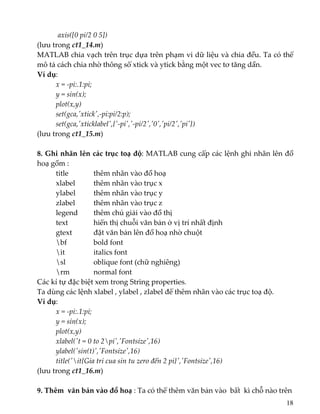    axis([0 pi/2 0 5]) 
(lưu trong ct1_14.m) 
MATLAB chia vạch trên trục dựa trên phạm vi dữ liệu và chia đều. Ta có thể 
mô tả cách chia nhờ thông số xtick và ytick bằng một vec tơ tăng dần. 
Ví dụ:    
x = ‐pi:.1:pi; 
  y = sin(x); 
  plot(x,y) 
  set(gca,ʹxtickʹ,‐pi:pi/2:p); 
  set(gca,ʹxticklabelʹ,{ʹ‐piʹ,ʹ‐pi/2ʹ,ʹ0ʹ,ʹpi/2ʹ,ʹpiʹ}) 
(lưu trong ct1_15.m) 
 
8. Ghi nhãn lên các trục toạ độ: MATLAB cung cấp các lệnh ghi nhãn lên đồ 
hoạ gồm : 
  title    thêm nhãn vào đồ hoạ 
  xlabel  thêm nhãn vào trục x 
  ylabel    thêm nhãn vào trục y 
  zlabel  thêm nhãn vào trục z 
  legend  thêm chú giải vào đồ thị 
  text    hiển thị chuỗi văn bản ở vị trí nhất định 
  gtext   đặt văn bản lên đồ hoạ nhờ chuột 
  bf     bold font  
  it     italics font  
  sl     oblique font (chữ nghiêng)  
  rm     normal font  
Các kí tự đặc biệt xem trong String properties. 
Ta dùng các lệnh xlabel , ylabel , zlabel để thêm nhãn vào các trục toạ độ. 
Ví dụ:   
x = ‐pi:.1:pi; 
  y = sin(x); 
  plot(x,y) 
  xlabel(ʹt = 0 to 2piʹ,ʹFontsizeʹ,16) 
  ylabel(ʹsin(t)ʹ,ʹFontsizeʹ,16) 
  title(ʹit{Gia tri cua sin tu zero đến 2 pi}ʹ,ʹFontsizeʹ,16)   
(lưu trong ct1_16.m) 
 
9. Thêm  văn bản vào đồ hoạ : Ta có thể thêm văn bản vào  bất  kì chỗ nào trên 
18
 