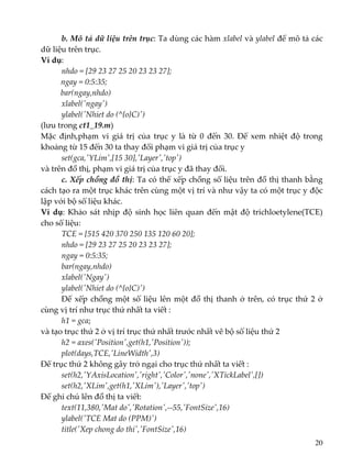   b. Mô tả dữ liệu trên trục: Ta dùng các hàm xlabel và ylabel để mô tả các 
dữ liệu trên trục. 
Ví dụ:  
nhdo = [29 23 27 25 20 23 23 27]; 
          ngay = 0:5:35; 
          bar(ngay,nhdo) 
   xlabel(ʹngayʹ) 
   ylabel(ʹNhiet do (^{o}C)ʹ) 
(lưu trong ct1_19.m) 
Mặc  định,phạm  vi  giá  trị  của  trục  y  là  từ  0  đến  30.  Để  xem  nhiệt  độ  trong 
khoảng từ 15 đến 30 ta thay đổi phạm vi giá trị của trục y 
  set(gca,ʹYLimʹ,[15 30],ʹLayerʹ,ʹtopʹ) 
và trên đồ thị, phạm vi giá trị của trục y đã thay đổi. 
  c. Xếp chồng đồ thị: Ta có thể xếp chồng số liệu trên đồ thị thanh bằng 
cách tạo ra một trục khác trên cùng một vị trí và như vậy ta có một trục y độc 
lập với bộ số liệu khác. 
Ví dụ: Khảo sát nhịp độ sinh học liên quan đến mật độ trichloetylene(TCE) 
cho số liệu: 
  TCE = [515 420 370 250 135 120 60 20]; 
  nhdo = [29 23 27 25 20 23 23 27]; 
  ngay = 0:5:35; 
  bar(ngay,nhdo) 
  xlabel(ʹNgayʹ) 
  ylabel(ʹNhiet do (^{o}C)ʹ) 
  Để xếp chồng một số liệu lên một đồ thị thanh ở trên, có trục thứ 2 ở 
cùng vị trí như trục thứ nhất ta viết : 
  h1 = gca; 
và tạo trục thứ 2 ở vị trí trục thứ nhất trước nhất vẽ bộ số liệu thứ 2 
  h2 = axes(ʹPositionʹ,get(h1,ʹPositionʹ)); 
  plot(days,TCE,ʹLineWidthʹ,3) 
Để trục thứ 2 không gây trở ngại cho trục thứ nhất ta viết : 
  set(h2,ʹYAxisLocationʹ,ʹrightʹ,ʹColorʹ,ʹnoneʹ,ʹXTickLabelʹ,[]) 
set(h2,ʹXLimʹ,get(h1,ʹXLimʹ),ʹLayerʹ,ʹtopʹ) 
Để ghi chú lên đồ thị ta viết: 
  text(11,380,ʹMat doʹ,ʹRotationʹ,‐‐55,ʹFontSizeʹ,16) 
  ylabel(ʹTCE Mat do (PPM)ʹ) 
  title(ʹXep chong do thiʹ,ʹFontSizeʹ,16) 
20
 