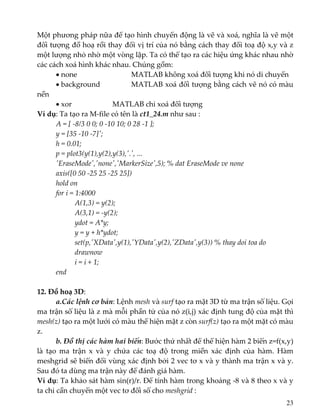Một phương pháp nữa để tạo hình chuyển động là vẽ và xoá, nghĩa là vẽ một 
đối tượng đồ hoạ rồi thay đổi vị trí của nó bằng cách thay đổi toạ độ x,y và z 
một lượng nhỏ nhờ một vòng lặp. Ta có thể tạo ra các hiệu ứng khác nhau nhờ 
các cách xoá hình khác nhau. Chúng gồm: 
  • none      MATLAB không xoá đối tượng khi nó di chuyển 
  • background    MATLAB xoá đối tượng bằng cách vẽ nó có màu 
nền 
  • xor      MATLAB chỉ xoá đối tượng  
Ví dụ: Ta tạo ra M‐file có tên là ct1_24.m như sau : 
  A = [ ‐8/3 0 0; 0 ‐10 10; 0 28 ‐1 ]; 
  y = [35 ‐10 ‐7]ʹ; 
  h = 0.01; 
  p = plot3(y(1),y(2),y(3),ʹ.ʹ, ... 
  ʹEraseModeʹ,ʹnoneʹ,ʹMarkerSizeʹ,5); % dat EraseMode ve none 
  axis([0 50 ‐25 25 ‐25 25]) 
  hold on 
  for i = 1:4000 
    A(1,3) = y(2); 
    A(3,1) = ‐y(2); 
    ydot = A*y; 
    y = y + h*ydot; 
    set(p,ʹXDataʹ,y(1),ʹYDataʹ,y(2),ʹZDataʹ,y(3)) % thay doi toa do 
    drawnow 
    i = i + 1; 
  end 
 
12. Đồ hoạ 3D: 
  a.Các lệnh cơ bản: Lệnh mesh và surf tạo ra mặt 3D từ ma trận số liệu. Gọi 
ma trận số liệu là z mà mỗi phần tử của nó z(i,j) xác định tung độ của mặt thì 
mesh(z) tạo ra một lưới có màu thể hiện mặt z còn surf(z) tạo ra một mặt có màu 
z. 
  b. Đồ thị các hàm hai biến: Bước thứ nhất để thể hiện hàm 2 biến z=f(x,y) 
là  tạo  ma  trận  x  và  y  chứa  các  toạ  độ  trong  miền  xác  định  của  hàm.  Hàm 
meshgrid sẽ biến đổi vùng xác định bởi 2 vec tơ x và y thành ma trận x và y. 
Sau đó ta dùng ma trận này để đánh giá hàm. 
Ví dụ: Ta khảo sát hàm sin(r)/r. Để tính hàm trong khoảng ‐8 và 8 theo x và y 
ta chỉ cần chuyển một vec tơ đối số cho meshgrid : 
23
 