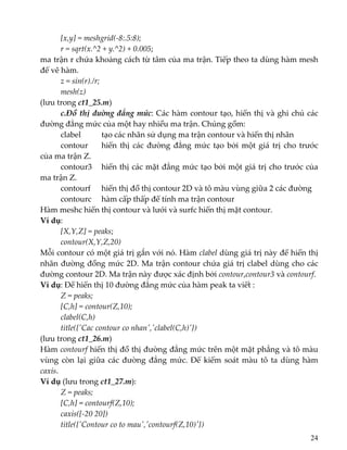   [x,y] = meshgrid(‐8:.5:8); 
  r = sqrt(x.^2 + y.^2) + 0.005; 
ma trận r chứa khoảng cách từ tâm của ma trận. Tiếp theo ta dùng hàm mesh 
để vẽ hàm. 
  z = sin(r)./r; 
  mesh(z) 
(lưu trong ct1_25.m) 
   c.Đồ thị đường đẳng mức: Các hàm contour tạo, hiển thị và ghi chú các 
đường đẳng mức của một hay nhiều ma trận. Chúng gồm: 
  clabel   tạo các nhãn sử dụng ma trận contour và hiển thị nhãn   
  contour   hiển thị các đường đẳng mức tạo bởi một giá trị cho trước 
của ma trận Z. 
  contour3   hiển thị các mặt đẳng mức tạo bởi một giá trị cho trước của 
ma trận Z. 
  contourf   hiển thị đồ thị contour 2D và tô màu vùng giữa 2 các đường 
  contourc   hàm cấp thấp để tính ma trận contour  
Hàm meshc hiển thị contour và lưới và surfc hiển thị mặt contour. 
Ví dụ:  
  [X,Y,Z] = peaks; 
contour(X,Y,Z,20) 
Mỗi contour có một giá trị gắn với nó. Hàm clabel dùng giá trị này để hiển thị 
nhãn đường đồng mức 2D. Ma trận contour chứa giá trị clabel dùng cho các 
đường contour 2D. Ma trận này được xác định bởi contour,contour3 và contourf. 
Ví dụ: Để hiển thị 10 đường đẳng mức của hàm peak ta viết : 
  Z = peaks; 
  [C,h] = contour(Z,10); 
  clabel(C,h) 
  title({ʹCac contour co nhanʹ,ʹclabel(C,h)ʹ}) 
(lưu trong ct1_26.m) 
Hàm contourf hiển thị đồ thị đường đẳng mức trên một mặt phẳng và tô màu 
vùng  còn lại giữa các đường đẳng mức. Để kiểm soát màu tô ta dùng hàm 
caxis.  
Ví dụ (lưu trong ct1_27.m): 
Z = peaks; 
  [C,h] = contourf(Z,10); 
  caxis([‐20 20]) 
  title({ʹContour co to mauʹ,ʹcontourf(Z,10)ʹ}) 
24
 