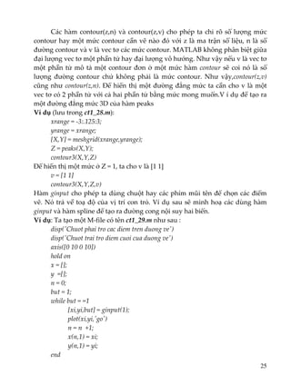 Các hàm contour(z,n) và contour(z,v) cho phép ta chỉ rõ số lượng mức 
contour hay một mức contour cần vẽ nào đó với z là ma trận số liệu, n là số 
đường contour và v là vec tơ các mức contour. MATLAB không phân biệt giữa 
đại lượng vec tơ một phần tử hay đại lượng vô hướng. Như vậy nếu v là vec tơ 
một phần tử mô tả một contour đơn ở một mức hàm contour sẽ coi nó là số 
lượng  đường  contour  chứ  không  phải  là  mức  contour.  Như  vậy,contour(z,v) 
cũng như contour(z,n). Để hiển thị một đường đẳng mức ta cần cho v là một 
vec tơ có 2 phần tử với cả hai phần tử bằng mức mong muốn.V í dụ để tạo ra 
một đường đẳng mức 3D của hàm peaks 
Ví dụ (lưu trong ct1_28.m): 
  xrange = ‐3:.125:3; 
  yrange = xrange; 
  [X,Y] = meshgrid(xrange,yrange); 
  Z = peaks(X,Y); 
  contour3(X,Y,Z) 
Để hiển thị một mức ở Z = 1, ta cho v là [1 1] 
  v = [1 1] 
  contour3(X,Y,Z,v) 
Hàm ginput cho phép ta dùng chuột hay các phím mũi tên để chọn các điểm 
vẽ. Nó trả về toạ độ của vị trí con trỏ. Ví dụ sau sẽ minh hoạ các dùng hàm 
ginput và hàm spline để tạo ra đường cong nội suy hai biến. 
Ví dụ: Ta tạo một M‐file có tên ct1_29.m như sau : 
  disp(ʹChuot phai tro cac diem tren duong veʹ) 
  disp(ʹChuot trai tro diem cuoi cua duong veʹ) 
  axis([0 10 0 10]) 
  hold on 
  x = []; 
  y  =[]; 
  n = 0; 
  but = 1; 
  while but = =1 
       [xi,yi,but] = ginput(1); 
       plot(xi,yi,ʹgoʹ) 
       n = n  +1; 
       x(n,1) = xi; 
       y(n,1) = yi; 
  end 
25
 