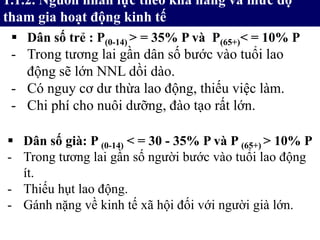 1.1.2. Nguồn nhân lực theo khả năng và mức độ
tham gia hoạt động kinh tế
 Dân số trẻ : P(0-14) > = 35% P và P(65+)< = 10% P
- Trong tương lai gần dân số bước vào tuổi lao
động sẽ lớn NNL dồi dào.
- Có nguy cơ dư thừa lao động, thiếu việc làm.
- Chi phí cho nuôi dưỡng, đào tạo rất lớn.
 Dân số già: P (0-14) < = 30 - 35% P và P (65+) > 10% P
- Trong tương lai gần số người bước vào tuổi lao động
ít.
- Thiếu hụt lao động.
- Gánh nặng về kinh tế xã hội đối với người già lớn.
 