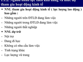  NNL tham gia hoạt động kinh tế ( lực lượng lao động )
bao gồm :
- Những người trên ĐTLĐ đang làm việc
- Những người trong ĐTLĐ đang làm việc
- Những người thất nghiệp
 NNL dự trữ
- Nội trợ
- Đang đi học
- Không có nhu cầu làm việc
- Tình trạng khác
- Lực lượng vũ trang
1.1.2. Nguồn nhân lực theo khả năng và mức độ
tham gia hoạt động kinh tế
 