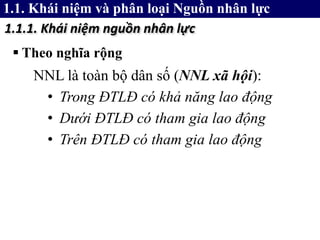  Theo nghĩa rộng
1.1.1. Khái niệm nguồn nhân lực
NNL là toàn bộ dân số (NNL xã hội):
• Trong ĐTLĐ có khả năng lao động
• Dưới ĐTLĐ có tham gia lao động
• Trên ĐTLĐ có tham gia lao động
1.1. Khái niệm và phân loại Nguồn nhân lực
 