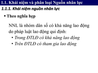  Theo nghĩa hẹp
1.1.1. Khái niệm nguồn nhân lực
NNL là nhóm dân số có khả năng lao động
do pháp luật lao động qui định:
• Trong ĐTLĐ có khả năng lao động
• Trên ĐTLĐ có tham gia lao động
1.1. Khái niệm và phân loại Nguồn nhân lực
 