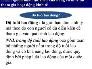 Độ tuổi lao động : là giới hạn tâm sinh lý
mà theo đó con người có đủ điều kiện để
tham gia vào quá trình lao động.
1.1.2. Nguồn nhân lực theo khả năng và mức độ
tham gia hoạt động kinh tế
Độ tuổi lao động?
NNL trong độ tuổi lao động bao gồm toàn
bộ những người nằm trong độ tuổi lao
động và có khả năng lao động, được quy
định bởi pháp luật lao động của một quốc
gia.
 