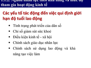 Các yếu tố tác động đến việc qui định giới
hạn độ tuổi lao động
1.1.2. Nguồn nhân lực theo khả năng và mức độ
tham gia hoạt động kinh tế
 Tình trạng phát triển của dân số
 Chỉ số giảm sút sức khoẻ
 Điều kiện kinh tế - xã hội
 Chính sách giáo dục nhân lực
 Chính sách sử dụng lao động và khả
năng tạo việc làm
 