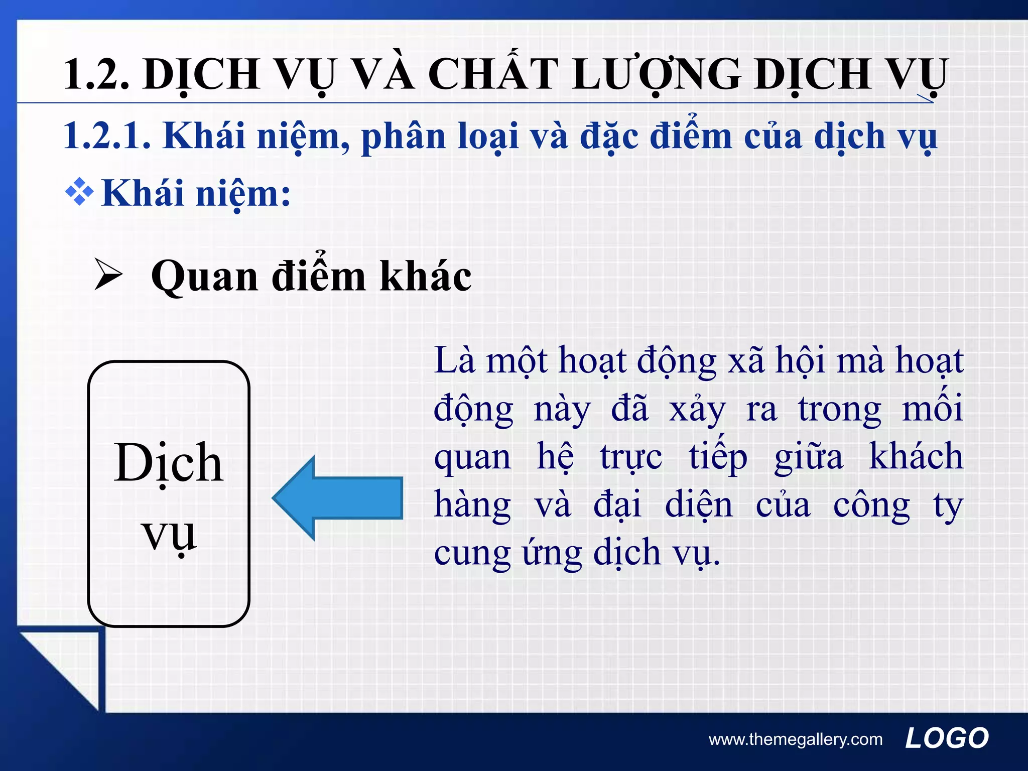 LOGO
1.2.1. Khái niệm, phân loại và đặc điểm của dịch vụ
Khái niệm:
www.themegallery.com
1.2. DỊCH VỤ VÀ CHẤT LƯỢNG DỊCH VỤ
Dịch
vụ
Là một hoạt động xã hội mà hoạt
động này đã xảy ra trong mối
quan hệ trực tiếp giữa khách
hàng và đại diện của công ty
cung ứng dịch vụ.
 Quan điểm khác
 