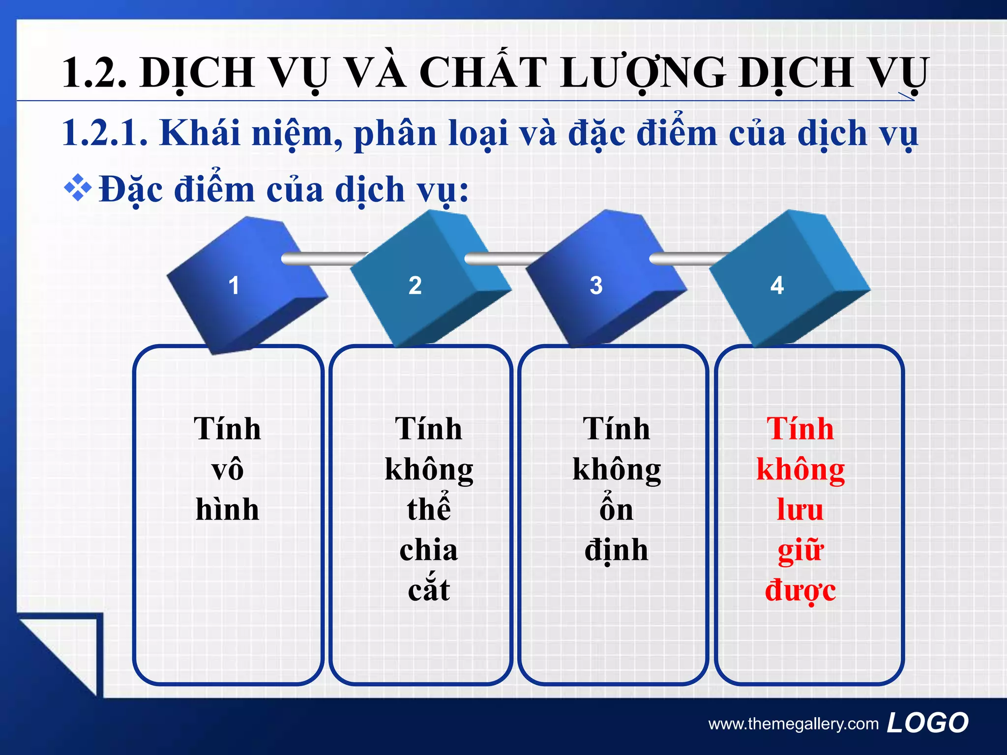 LOGO
1.2.1. Khái niệm, phân loại và đặc điểm của dịch vụ
Đặc điểm của dịch vụ:
www.themegallery.com
1.2. DỊCH VỤ VÀ CHẤT LƯỢNG DỊCH VỤ
1 2 3 4
Tính
vô
hình
Tính
không
thể
chia
cắt
Tính
không
ổn
định
Tính
không
lưu
giữ
được
 