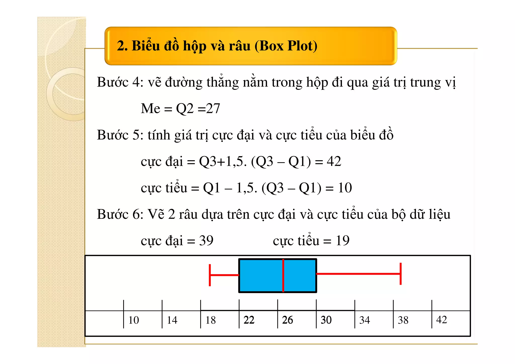 101
2. Biểu đồ hộp và râu (Box Plot)
Bước 4: vẽ đường thẳng nằm trong hộp đi qua giá trị trung vị
Me = Q2 =27
Bước 5: tính giá trị cực đại và cực tiểu của biểu đồ
cực đại = Q3+1,5. (Q3 – Q1) = 42
cực tiểu = Q1 – 1,5. (Q3 – Q1) = 10
Bước 6: Vẽ 2 râu dựa trên cực đại và cực tiểu của bộ dữ liệu
cực đại = 39 cực tiểu = 19
10 14 18 22 26 30 34 3822 26 30 42
 