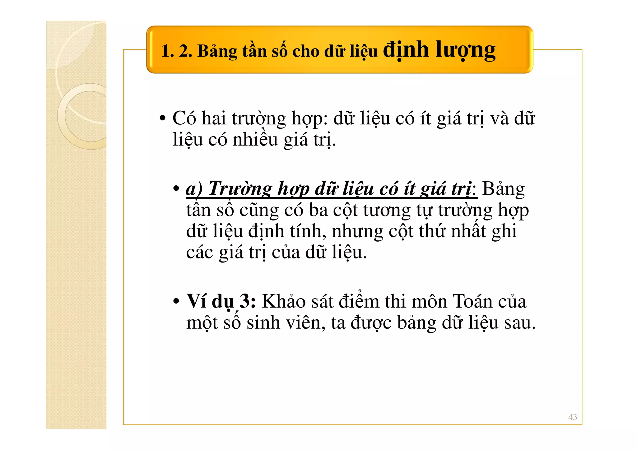 • Có hai trường hợp: dữ liệu có ít giá trị và dữ
liệu có nhiều giá trị.
• a) Trường hợp dữ liệu có ít giá trị: Bảng
tần số cũng có ba cột tương tự trường hợp
dữ liệu định tính, nhưng cột thứ nhất ghi
các giá trị của dữ liệu.
• Ví dụ 3: Khảo sát điểm thi môn Toán của
một số sinh viên, ta được bảng dữ liệu sau.
1. 2. Bảng tần số cho dữ liệu định lượng
43
 
