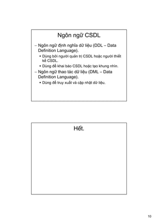 10
Ngôn ngữ CSDL
− Ngôn ngữ định nghĩa dữ liệu (DDL – Data
Definition Language).
Dùng bởi người quản trị CSDL hoặc người thiết
kế CSDL.
Dùng để khai báo CSDL hoặc tạo khung nhìn.
− Ngôn ngữ thao tác dữ liệu (DML – Data
Definition Language).
Dùng để truy xuất và cập nhật dữ liệu.
Hết.
 