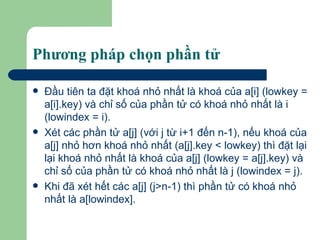 Phương pháp chọn phần tử Đầu tiên ta đặt khoá nhỏ nhất là khoá của a[i] (lowkey = a[i].key) và chỉ số của phần tử có khoá nhỏ nhất là i (lowindex = i). Xét các phần tử a[j] (với j từ i+1 đến n-1), nếu khoá của a[j] nhỏ hơn khoá nhỏ nhất (a[j].key < lowkey) thì đặt lại lại khoá nhỏ nhất là khoá của a[j] (lowkey = a[j].key) và chỉ số của phần tử có khoá nhỏ nhất là j (lowindex = j). Khi đã xét hết các a[j] (j>n-1) thì phần tử có khoá nhỏ nhất là a[lowindex].  