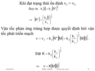 Khi đạt trạng thái ổn định v1 = v3




Vận tốc phản ứng trùng hợp được quyết định bởi vận
tốc phát triển mạch




                                                           15
  12/23/2010                MaMH 605002   Trùng hợp mạch   15
 