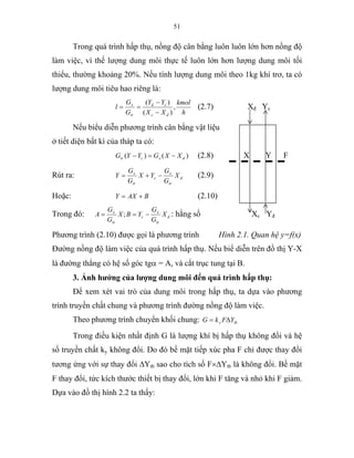 51
Trong quá trình hấp thụ, nồng độ cân bằng luôn luôn lớn hơn nồng độ
làm việc, vì thế lượng dung môi thực tế luôn lớn hơn lượng dung môi tối
thiểu, thường khoảng 20%. Nếu tính lượng dung môi theo 1kg khí trơ, ta có
lượng dung môi tiêu hao riêng là:
h
kmol
XX
YY
G
G
l
dc
cd
tr
x
,
)(
)(
−
−
== (2.7) Xđ Yc
Nếu biểu diễn phương trình cân bằng vật liệu
ở tiết diện bất kì của tháp ta có:
)()( dxctr XXGYYG −=− (2.8) X Y F
Rút ra: d
tr
x
c
tr
x
X
G
G
YX
G
G
Y −+= (2.9)
Hoặc: BAXY += (2.10)
Trong đó: d
tr
x
c
tr
x
X
G
G
YBX
G
G
A −== ; : hằng số Xc Yđ
Phương trình (2.10) được gọi là phương trình Hình 2.1. Quan hệ y=f(x)
Đường nồng độ làm việc của quá trình hấp thụ. Nếu biể diễn trên đồ thị Y-X
là đường thẳng có hệ số góc tgα = A, và cắt trục tung tại B.
3. Ảnh hưởng của lượng dung môi đến quá trình hấp thụ:
Để xem xét vai trò của dung môi trong hấp thụ, ta dựa vào phương
trình truyền chất chung và phương trình đường nồng độ làm việc.
Theo phương trình chuyển khối chung: tby YFkG ∆=
Trong điều kiện nhất định G là lượng khí bị hấp thụ không đổi và hệ
số truyền chất ky không đổi. Do đó bề mặt tiếp xúc pha F chỉ được thay đổi
tương ứng với sự thay đổi ∆Ytb sao cho tích số F×∆Ytb là không đổi. Bề mặt
F thay đổi, tức kích thước thiết bị thay đổi, lớn khi F tăng và nhỏ khi F giảm.
Dựa vào đồ thị hình 2.2 ta thấy:
 