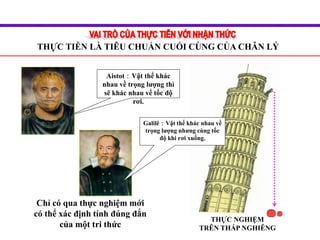 Chỉ có qua thực nghiệm mới
có thể xác định tính đúng đắn
của một tri thức
Aistot：Vật thể khác
nhau về trọng lượng thì
sẽ khác nhau về tốc độ
rơi.
Galilê：Vật thể khác nhau về
trọng lượng nhưng cùng tốc
độ khi rơi xuống.
THỰC NGHIỆM
TRÊN THÁP NGHIÊNG
THỰC TIỄN LÀ TIÊU CHUẨN CUỐI CÙNG CỦA CHÂN LÝ
 