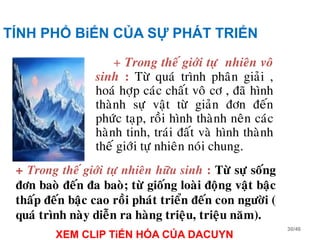 + Trong theá giôùi töï nhieân voâ
sinh : Töø quaù trình phaân giaûi ,
hoaù hôïp caùc chaát voâ cô , ñaõ hình
thaønh söï vaät töø giaûn ñôn ñeán
phöùc taïp, roài hình thaønh neân caùc
haønh tinh, traùi ñaát vaø hình thaønh
theá giôùi töï nhieân noùi chung.
30/46
+ Trong theá giôùi töï nhieân höõu sinh : Töø söï soáng
ñôn baoø ñeán ña baoø; töø gioáng loaøi ñoäng vaät baäc
thaáp ñeán baäc cao roài phaùt trieån ñeán con ngöôøi (
quaù trình naøy dieãn ra haøng trieäu, trieäu naêm).
TÍNH PHỔ BiẾN CỦA SỰ PHÁT TRIỂN
XEM CLIP TiẾN HÓA CỦA DACUYN
 