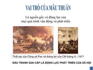 Là nguồn gốc và động lực của
mọi quá trình vận động và phát triển
ĐẤU TRANH GIAI CẤP LÀ ĐỘNG LỰC PHÁT TRIỂN CỦA XÃ HỘI
Thất bại của Công xã Pari và thăng lợi của CM tháng X - 1917
 