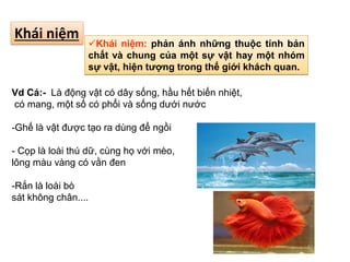 Vd Cá:- Là động vật có dây sống, hầu hết biến nhiệt,
có mang, một số có phổi và sống dưới nước
-Ghế là vật được tạo ra dùng để ngồi
- Cọp là loài thú dữ, cùng họ với mèo,
lông màu vàng có vằn đen
-Rắn là loài bò
sát không chân....
Khái niệm
Khái niệm: phản ánh những thuộc tính bản
chất và chung của một sự vật hay một nhóm
sự vật, hiện tượng trong thế giới khách quan.
 