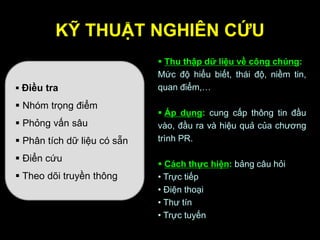 KỸ THUẬT NGHIÊN CỨU
 Điều tra
 Nhóm trọng điểm
 Phỏng vấn sâu
 Phân tích dữ liệu có sẵn
 Điển cứu
 Theo dõi truyền thông
 Thu thập dữ liệu về công chúng:
Mức độ hiểu biết, thái độ, niềm tin,
quan điểm,…
 Áp dụng: cung cấp thông tin đầu
vào, đầu ra và hiệu quả của chương
trình PR.
 Cách thực hiện: bảng câu hỏi
• Trực tiếp
• Điện thoại
• Thư tín
• Trực tuyến
 