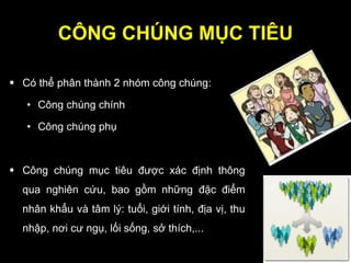 CÔNG CHÚNG MỤC TIÊU
 Có thể phân thành 2 nhóm công chúng:
• Công chúng chính
• Công chúng phụ
 Công chúng mục tiêu được xác định thông
qua nghiên cứu, bao gồm những đặc điểm
nhân khẩu và tâm lý: tuổi, giới tính, địa vị, thu
nhập, nơi cư ngụ, lối sống, sở thích,...
 