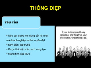 THÔNG ĐIỆP
 Nêu bật được nội dung cốt lõi nhất
mà doanh nghiệp muốn truyền đạt
 Đơn giản, tập trung
 Được thể hiện một cách sáng tạo
 Mang tính xác thực
Yêu cầu
 