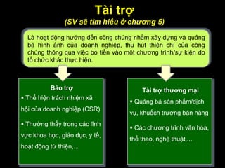 Bảo trợ
 Thể hiện trách nhiệm xã
hội của doanh nghiệp (CSR)
 Thường thấy trong các lĩnh
vực khoa học, giáo dục, y tế,
hoạt động từ thiện,...
Tài trợ
(SV sẽ tìm hiểu ở chương 5)
Tài trợ thƣơng mại
 Quảng bá sản phẩm/dịch
vụ, khuếch trương bán hàng
 Các chương trình văn hóa,
thể thao, nghệ thuật,...
Là hoạt động hướng đến công chúng nhằm xây dựng và quảng
bá hình ảnh của doanh nghiệp, thu hút thiện chí của công
chúng thông qua việc bỏ tiền vào một chương trình/sự kiện do
tổ chức khác thực hiện.
 