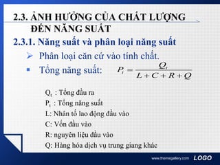 LOGO
2.3. ẢNH HƯỞNG CỦA CHẤT LƯỢNG
ĐẾN NĂNG SUẤT
2.3.1. Năng suất và phân loại năng suất
 Phân loại căn cứ vào tính chất.
 Tổng năng suất:
Qt : Tổng đầu ra
Pt : Tổng năng suất
L: Nhân tố lao động đầu vào
C: Vốn đầu vào
R: nguyên liệu đầu vào
Q: Hàng hóa dịch vụ trung giang khác
www.themegallery.com
QRCL
Q
P t
t


 