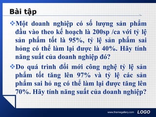 LOGO
Bài tập
Một doanh nghiệp có số lượng sản phẩm
đầu vào theo kế hoạch là 200sp /ca với tỷ lệ
sản phẩm tốt là 95%, tỷ lệ sản phẩm sai
hỏng có thể làm lại được là 40%. Hãy tính
năng suất của doanh nghiệp đó?
Do quá trình đổi mới công nghệ tỷ lệ sản
phẩm tốt tăng lên 97% và tỷ lệ các sản
phẩm sai hỏ ng có thể làm lại được tăng lên
70%. Hãy tính năng suất của doanh nghiệp?
www.themegallery.com
 