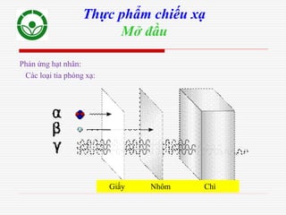 Phản ứng hạt nhân:
Các loại tia phóng xạ:
Thực phẩm chiếu xạ
Mở đầu
Giấy Nhôm Chì
 