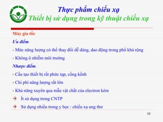 33
Thực phẩm chiếu xạ
Thiết bị sử dụng trong kỹ thuật chiếu xạ
Máy gia tốc
Ưu điểm
- Mức năng lượng có thể thay đổi dễ dàng, dao động trong phổ khá rộng
- Không ô nhiễm môi trường
Nhược điểm
- Cấu tạo thiết bị rất phức tạp, cồng kềnh
- Chi phí năng lượng rất lớn
- Khả năng xuyên qua mẫu vật chất của electron kém
 Ít sử dụng trong CNTP
 Sử dụng nhiều trong y học : chiếu xạ ung thư
 