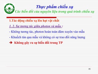 35
Thực phẩm chiếu xạ
Các biến đổi của nguyên liệu trong quá trình chiếu xạ
1.Tác động chiếu xạ lên hạt vật chất
1. 2. Sự tương tác giữa photon và mẫu :
- Không tương tác, photon hoàn toàn đâm xuyên vào mẫu
- Khuếch tán qua mẫu và không có sự trao đổi năng lượng
 Không gây ra sự biến đổi trong TP
 