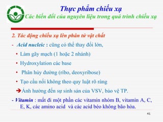 41
Thực phẩm chiếu xạ
Các biến đổi của nguyên liệu trong quá trình chiếu xạ
2. Tác động chiếu xạ lên phân tử vật chất
- Acid nucleic : cũng có thể thay đổi lớn,
• Làm gãy mạch (1 hoặc 2 nhánh)
• Hydroxylation các base
• Phân hủy đường (ribo, deoxyribose)
• Tạo cầu nối không theo quy luật rõ ràng
Ảnh hưởng đến sự sinh sản của VSV, bảo vệ TP.
- Vitamin : mất đi một phần các vitamin nhóm B, vitamin A, C,
E, K, các amino acid và các acid béo không bão hòa.
 