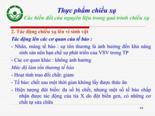 44
Thực phẩm chiếu xạ
Các biến đổi của nguyên liệu trong quá trình chiếu xạ
2. Tác động chiếu xạ lên vi sinh vật
Tác động lên các cơ quan của tế bào :
- Nhân, màng tế bào : sự tổn thương là ảnh hưởng đến khả năng
sinh sản nên hạn chế sự phát triển của VSV trong TP
- Các cơ quan khác : không ảnh hưởng
Mức độ làm tổn thương tế bào
- Hoạt tính trao đổi chất: giảm
- Tế bào: chết sau một thời gian không lấy được thức ăn
- Hiện tượng đột biến: đa số bị chết, nhưng một số tế bào chấp
nhận được tác động của tia X do đột biến gen, có những cơ
chất tự sửa chữa
 