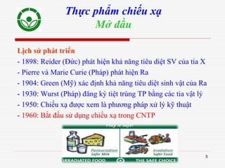 5
Thực phẩm chiếu xạ
Mở đầu
Lịch sử phát triển
- 1898: Reider (Đức) phát hiện khả năng tiêu diệt SV của tia X
- Pierre và Marie Curie (Pháp) phát hiện Ra
- 1904: Green (Mỹ) xác định khả năng tiêu diệt sinh vật của Ra
- 1930: Wurst (Pháp) đăng ký tiệt trùng TP bằng các tia vật lý
- 1950: Chiếu xạ được xem là phương pháp xử lý kỹ thuật
- 1960: Bắt đầu sử dụng chiếu xạ trong CNTP
 