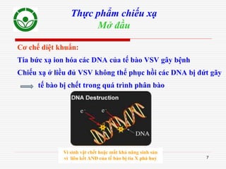 7
Thực phẩm chiếu xạ
Mở đầu
Cơ chế diệt khuẩn:
Tia bức xạ ion hóa các DNA của tế bào VSV gây bệnh
Chiếu xạ ở liều đủ VSV không thể phục hồi các DNA bị đứt gãy
tế bào bị chết trong quá trình phân bào
Vi sinh vật chết hoặc mất khả năng sinh sản
vì liên kết AND của tế bào bị tia X phá huỷ
 