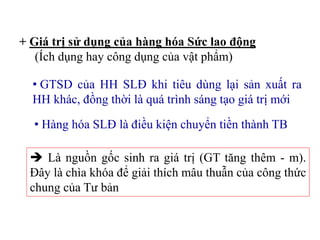 + Giá trị sử dụng của hàng hóa Sức lao động
(Ích dụng hay công dụng của vật phẩm)
• GTSD của HH SLĐ khi tiêu dùng lại sản xuất ra
HH khác, đồng thời là quá trình sáng tạo giá trị mới
 Là nguồn gốc sinh ra giá trị (GT tăng thêm - m).
Đây là chìa khóa để giải thích mâu thuẫn của công thức
chung của Tư bản
• Hàng hóa SLĐ là điều kiện chuyển tiền thành TB
 