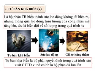 Là bộ phận TB biến thành sức lao động không tái hiện ra,
nhưng thông qua lao động trừu tượng của công nhân mà
tăng lên, tức là biến đổi về số lượng trong quá trình sx
- TƯ BẢN KHẢ BIẾN (v)
Tư bản khả biến Sức lao động Giá trị tăng thêm
Tư bản khả biến là bộ phận quyết định trong quá trình sản
xuất GTTD vì nó chính là bộ phận đã lớn lên
 