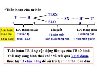 T H
TLSX
SLĐ
SX H’ T’
Tuần hoàn TB là sự vận động liên tục của TB từ hình
thái này sang hình thái khác và trải qua 3 giai đoạn,
thực hiện 3 chức năng để rồi trở lại hình thái ban đầu
Lưu thông (mua) Sản xuất Lưu thông (bán)
TB tiền tệ TB sản xuất TB hàng hóa
Giai đoạn
Hình thái
Chức năng Mua TLSX Sản xuất hàng hóa Thực hiện giá trị
*Tuần hoàn của tư bản
 