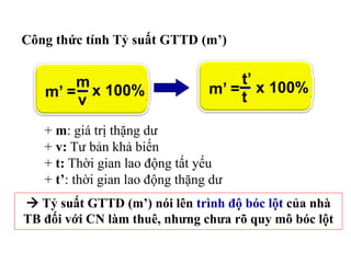 Công thức tính Tỷ suất GTTD (m’)
+ m: giá trị thặng dư
+ v: Tư bản khả biến
+ t: Thời gian lao động tất yếu
+ t’: thời gian lao động thặng dư
m’ =
m
v
x 100%
 Tỷ suất GTTD (m’) nói lên trình độ bóc lột của nhà
TB đối với CN làm thuê, nhưng chưa rõ quy mô bóc lột
m’ =
t’
t
x 100%
 